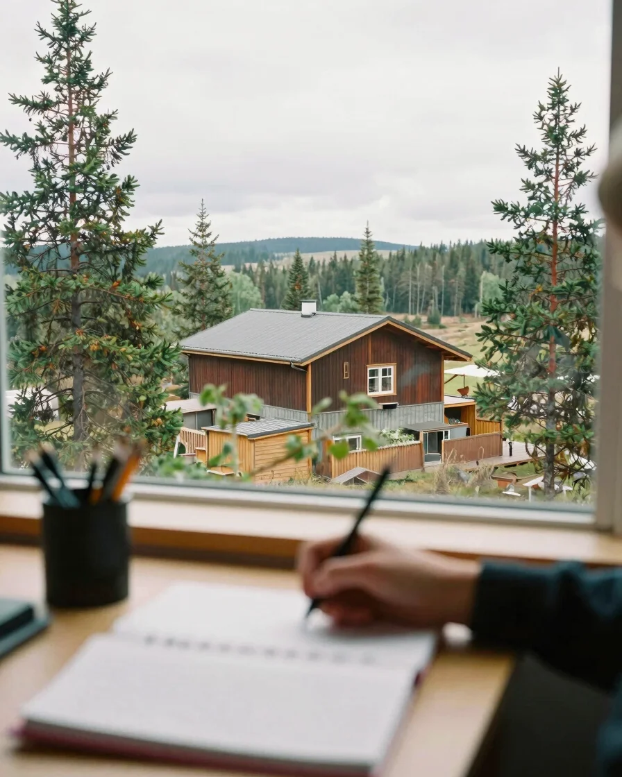 Rauhallinen pohjoinen työtila, pöydällä avoin muistiinpanovihko j